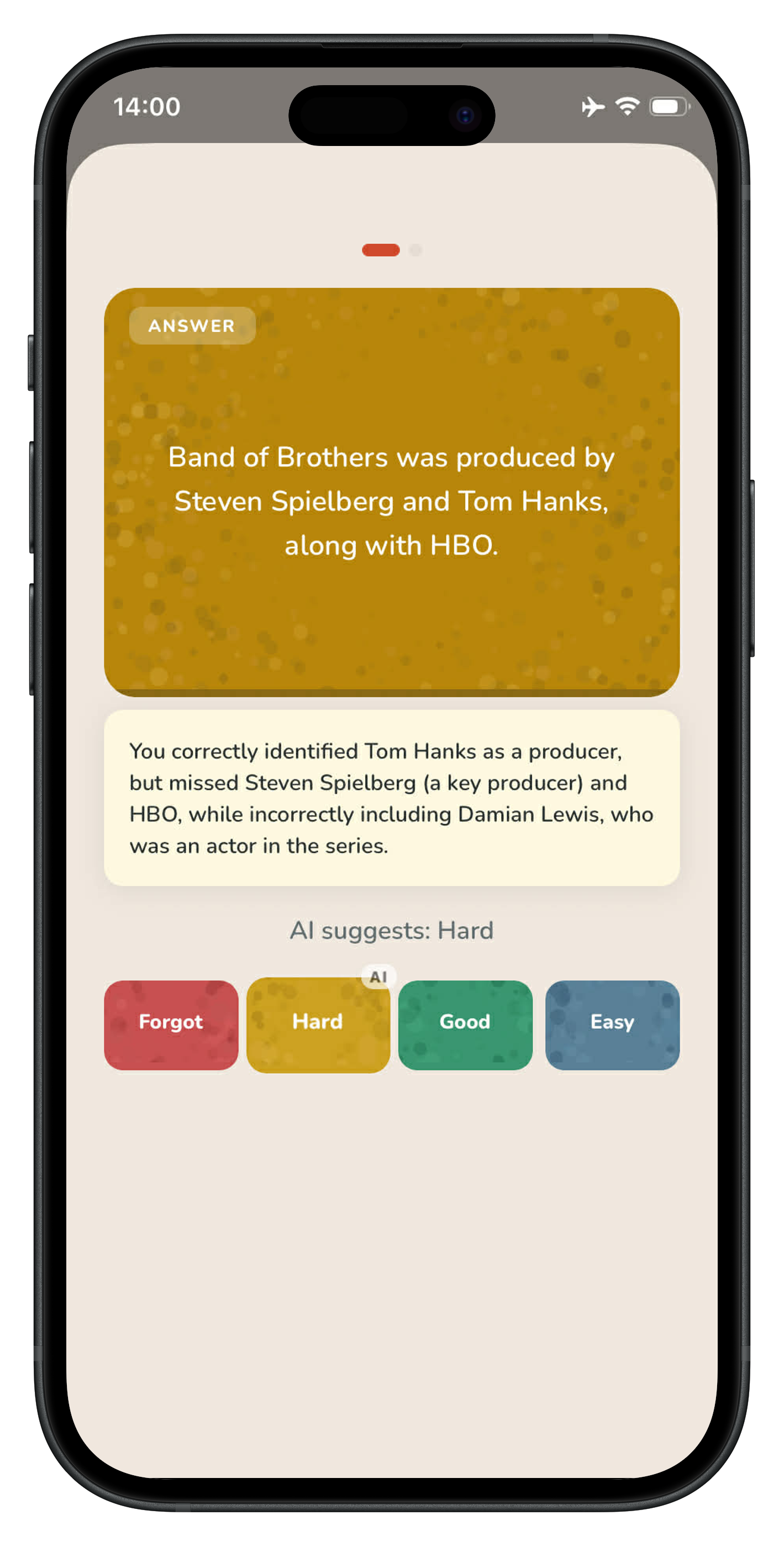 Ochre review screen — answer revealed with AI-suggested rating