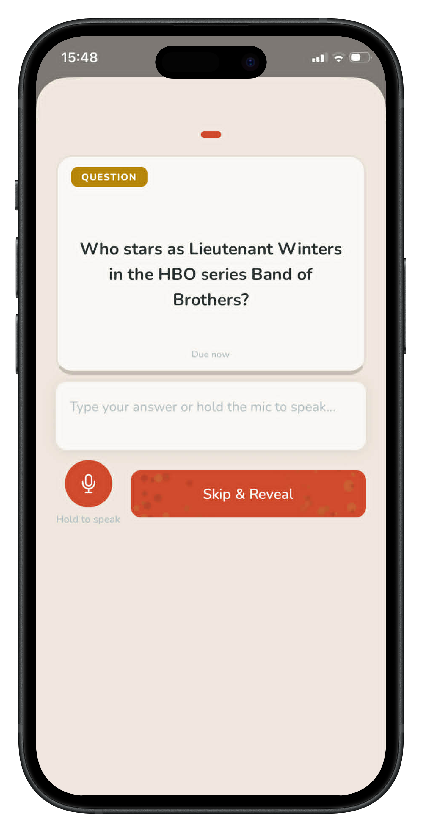 Ochre review screen — a recall question with hold-to-speak mic